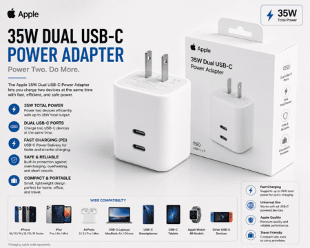 Global Loop Energy Pakistan, GLEPK, Front view of Apple 35W Dual USB-C Power Adapter | Focus Keywords: Apple 35W Power Adapter, Dual USB-C Charger, Fast Charging Adapter