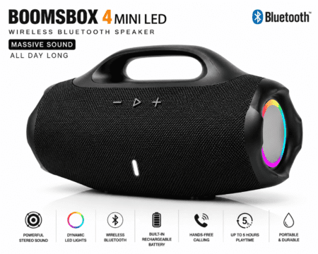 Global Loop Energy Pakistan, GLEPK, bluetooth speaker, wireless speaker, portable speaker – GLEPK BoomsBox 4 Mini LED Wireless Bluetooth Speaker with dynamic RGB lighting | Focus Keywords: bluetooth speaker, wireless speaker, glepk boomsbox 4 mini led speaker