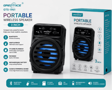 Global Loop Energy Pakistan, GLEPK, Portable Greatnice GTS 1961 Portable Bluetooth Speaker, greatnice gts-1961 portable speaker, portable bluetooth speaker, bluetooth speaker with usb – GLEPK wireless speaker designed for versatile audio needs. | Focus Keywords: greatnice gts-1961 portable speaker, portable bluetooth speaker, bluetooth speaker with usb