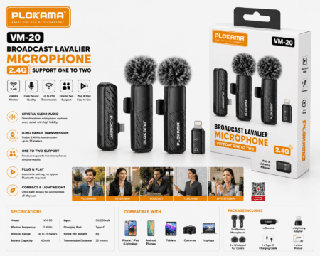Global Loop Energy Pakistan, GLEPK, Front view of PLOKAMA VM-20 Wireless Lavalier Microphone | Focus Keywords: PLOKAMA VM-20, wireless lavalier microphone, 2.4GHz microphone